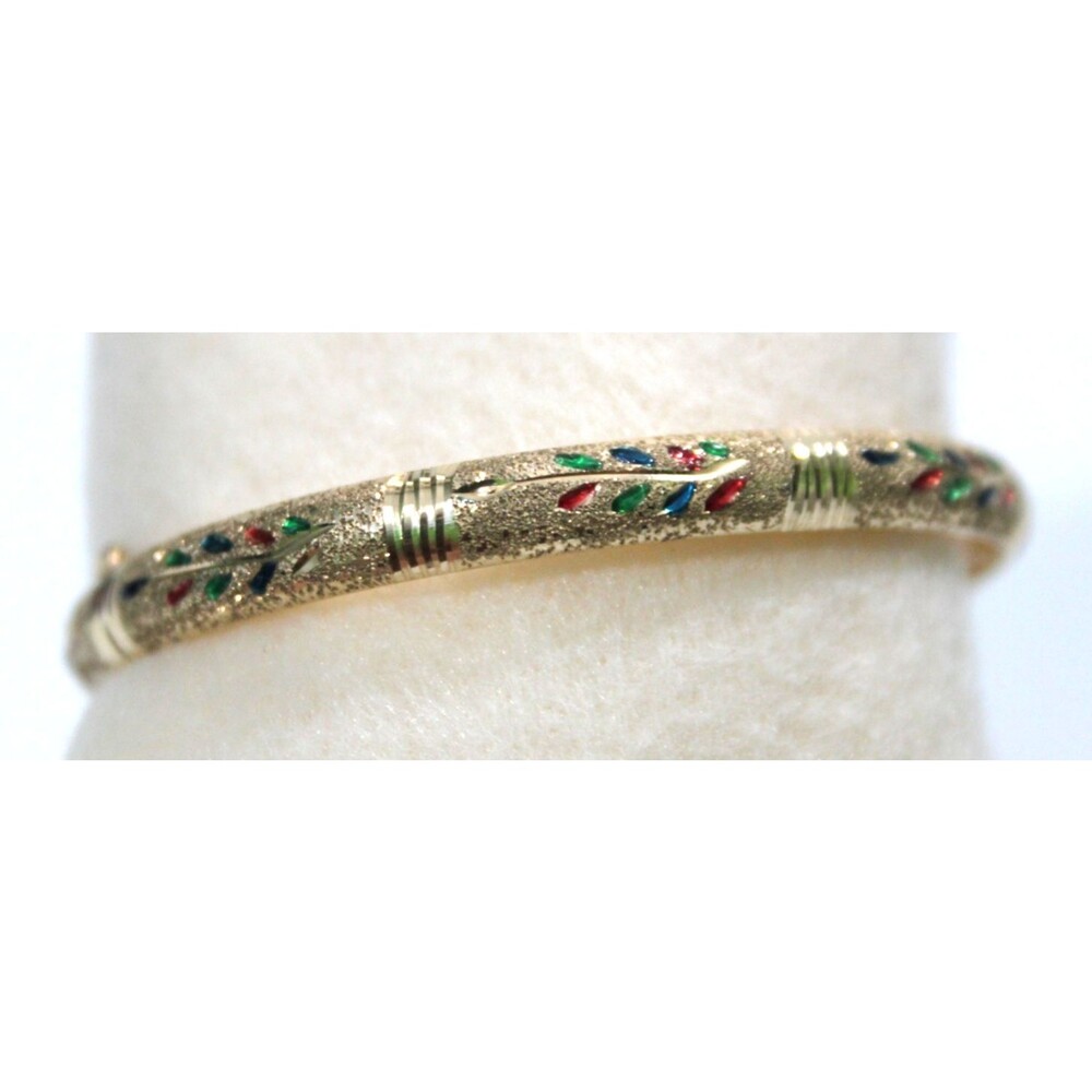 14K Yellow Gold Textured Enamel Multicolor Floral Bangle Bracelet 7" Vintage